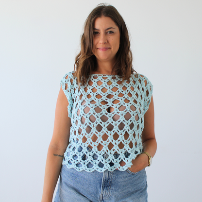 Blusa crochet azul pastel