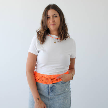 T-shirt with orange crochet appliqué