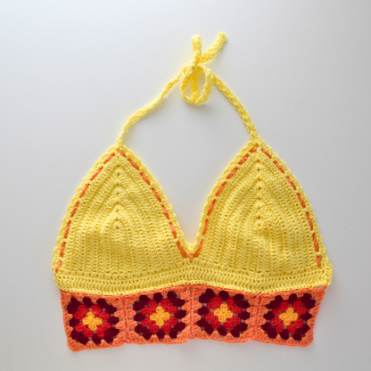 Yellow triangular crochet crop top