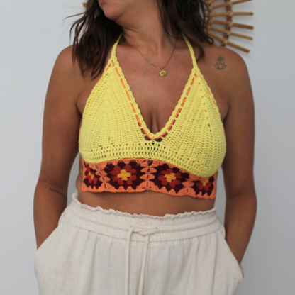 Yellow triangular crochet crop top