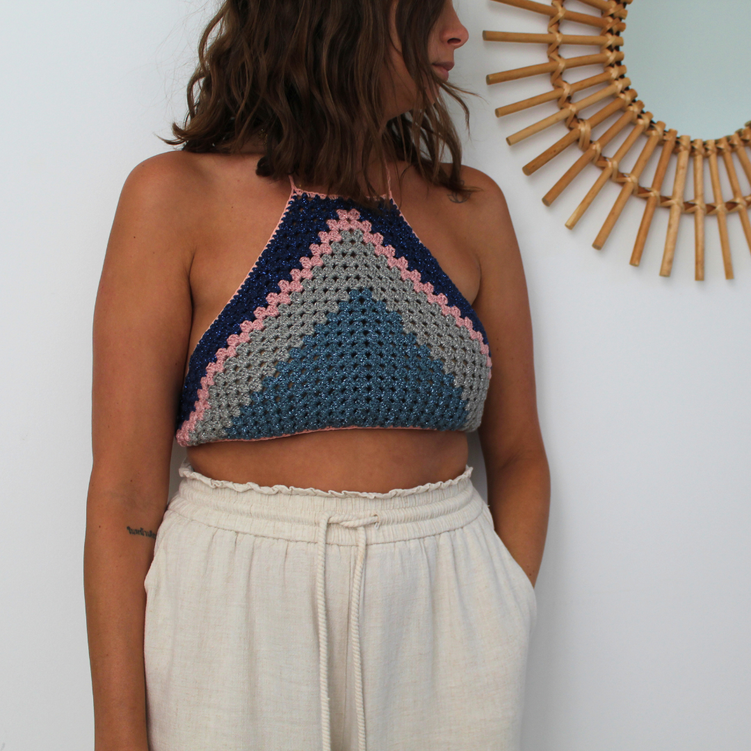 Blue shiny crochet crop top