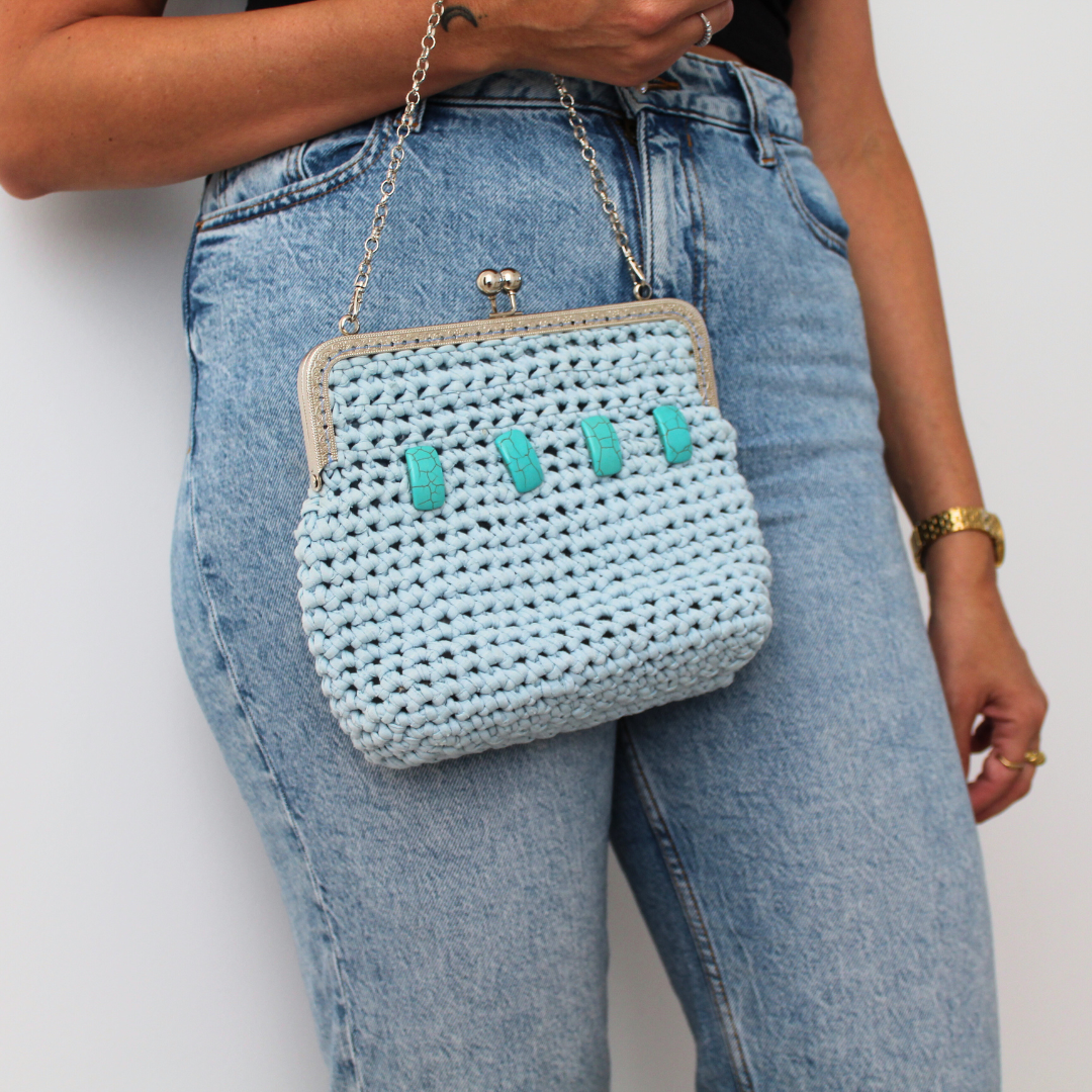 Blue hand clutch with turquoise stones